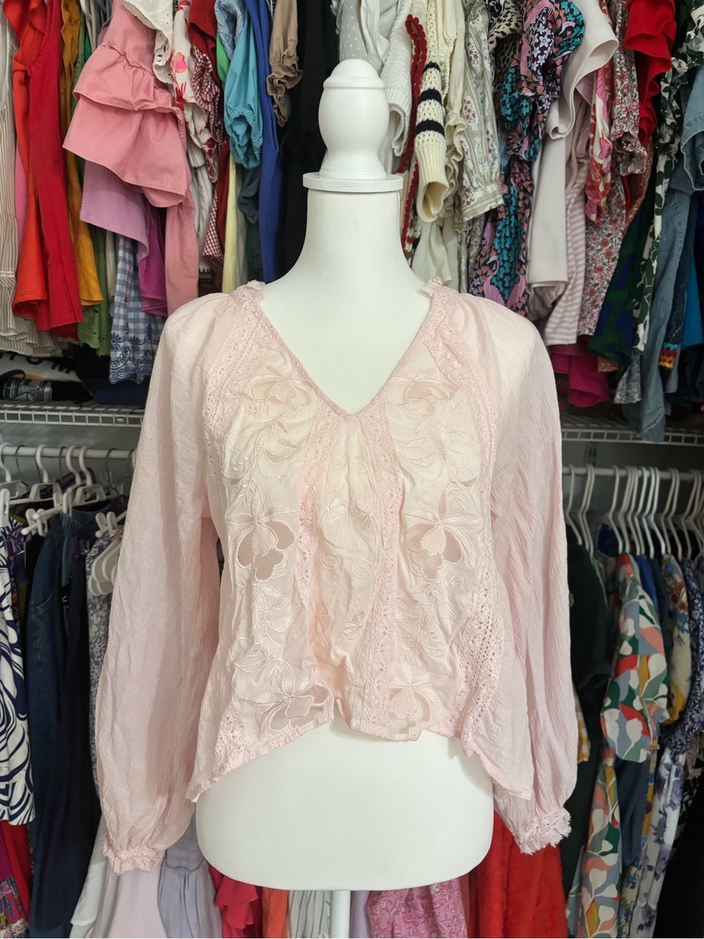 Free People Blush Pink Lace V-Neck Peasant Blouse